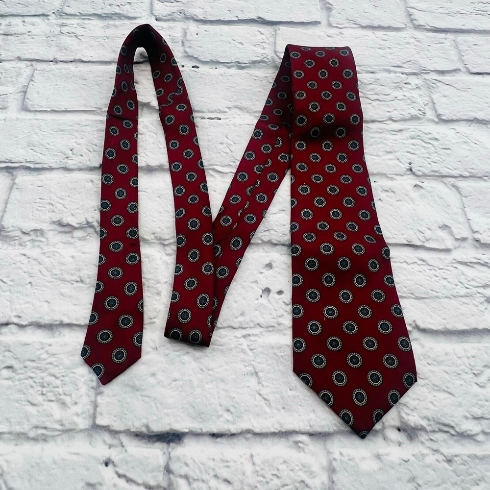 Oscar de la Renta Couture Mens Silk Tie Burgundy Red Teal Medallion Geometric